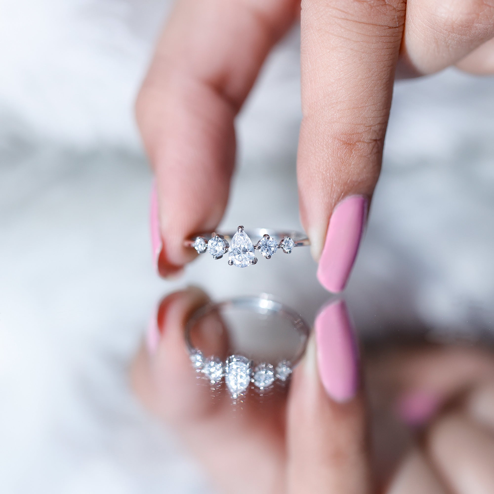 Graduated Style Pear and Round Lab Grown Diamond Engagement Ring Lab - ( EF-VS ) - Rosec Jewels