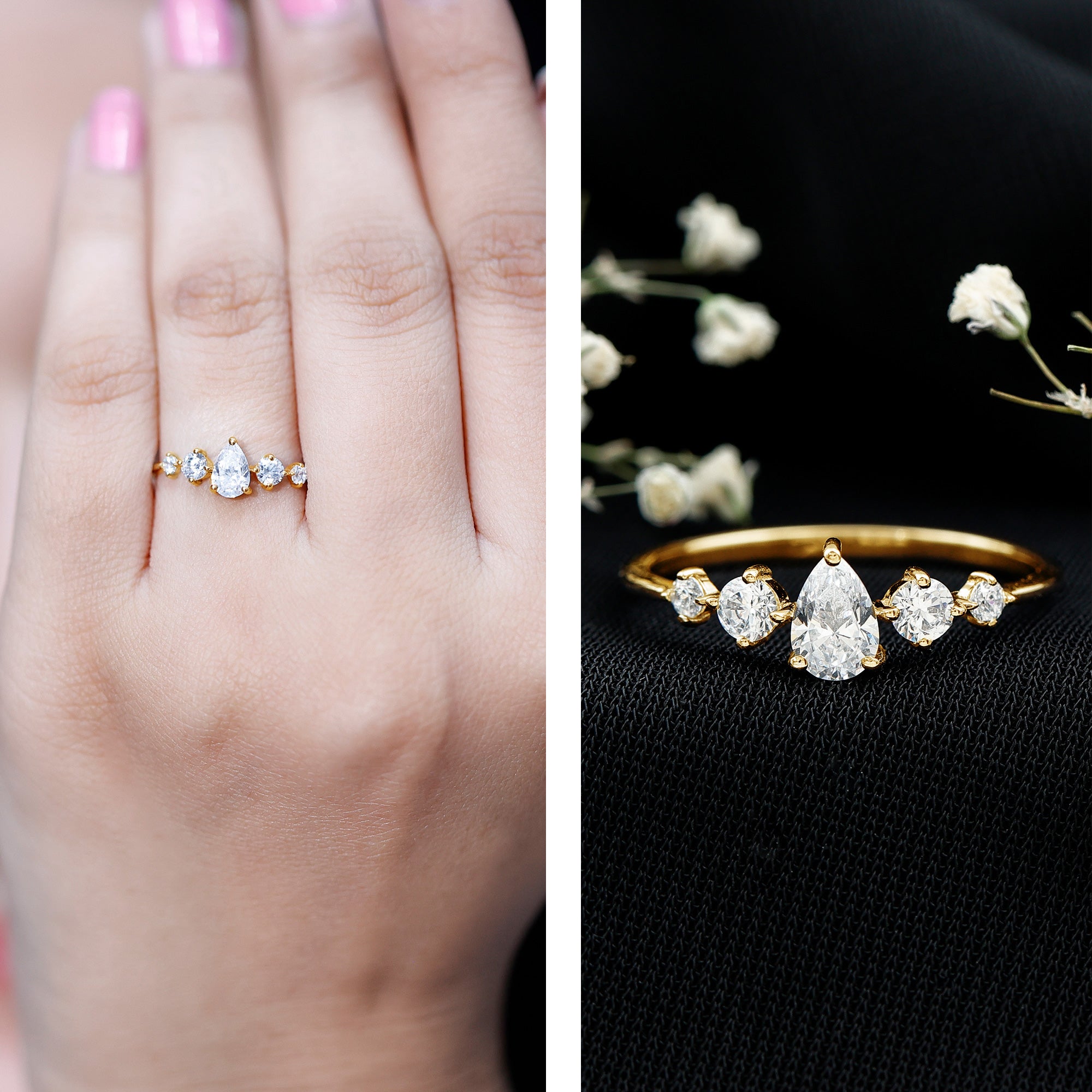 Graduated Style Pear and Round Lab Grown Diamond Engagement Ring Lab - ( EF-VS ) - Rosec Jewels