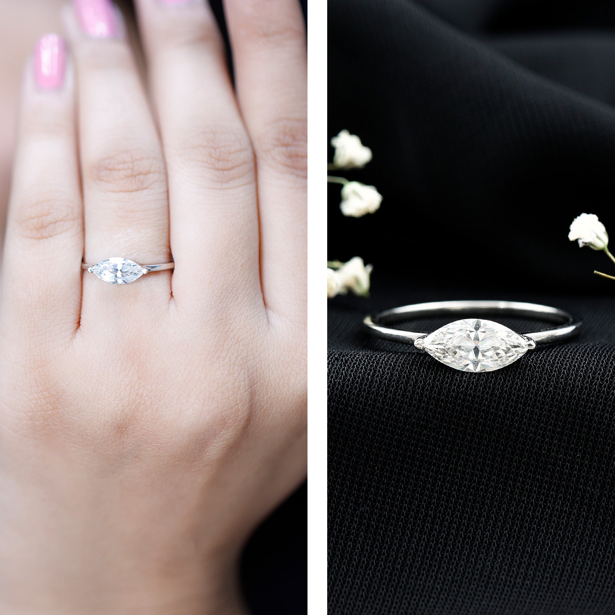 Rosec Jewels-East West Marquise Cut 1 Carat Lab Grown Diamond Solitaire Ring