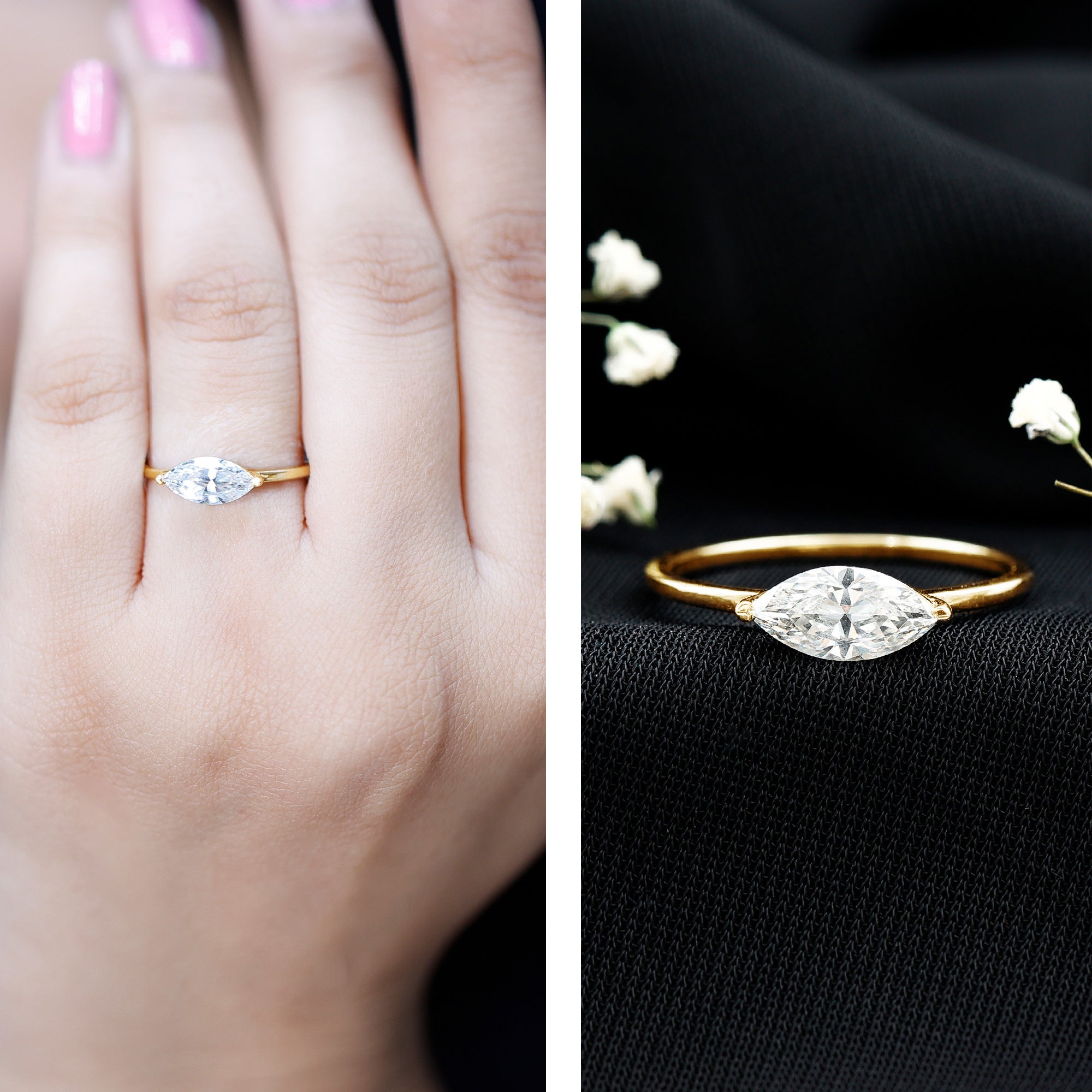 Rosec Jewels-East West Marquise Cut 1 Carat Lab Grown Diamond Solitaire Ring
