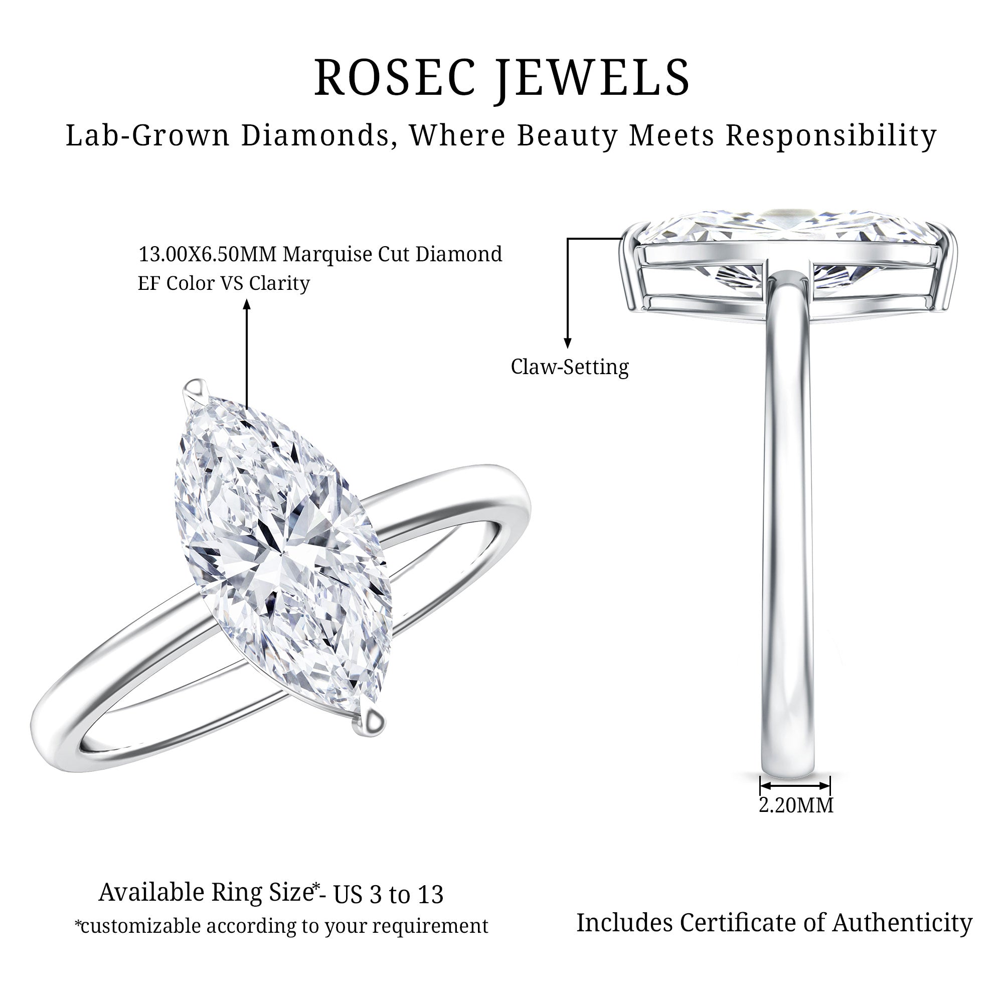 Rosec Jewels-IGI Certified Marquise Cut Lab Created Diamond Solitaire Engagement Ring 2 Carat