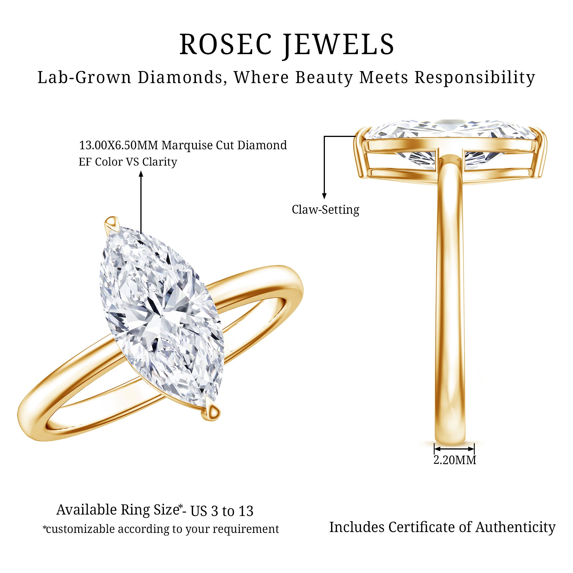 Rosec Jewels-IGI Certified Marquise Cut Lab Created Diamond Solitaire Engagement Ring 2 Carat