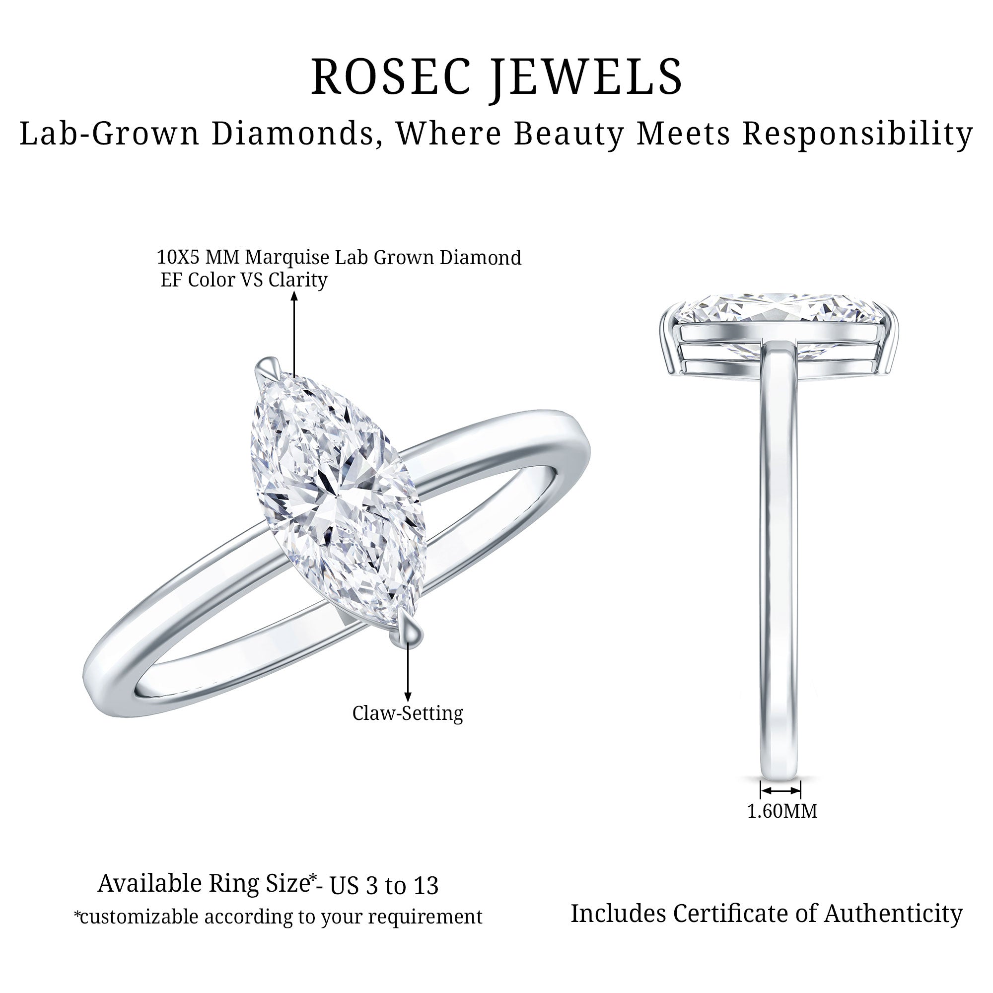 Rosec Jewels-IGI Certified Lab Grown 1 Carat Diamond Marquise Engagement Ring Solitaire