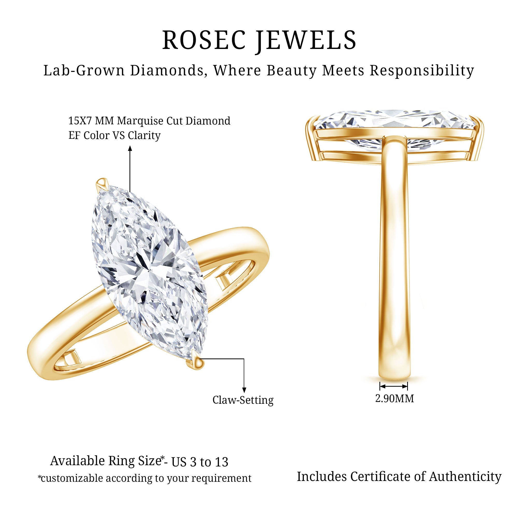 Rosec Jewels-Solitaire 3 Carat Lab Grown Diamond Marquise Engagement Ring IGI Certified
