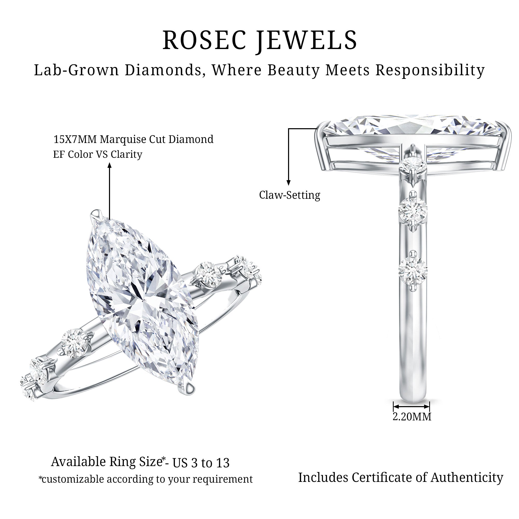 Rosec Jewels-IGI Certified Lab Grown Diamond 3 Carat Marquise Engagement Ring with Spaced Accent