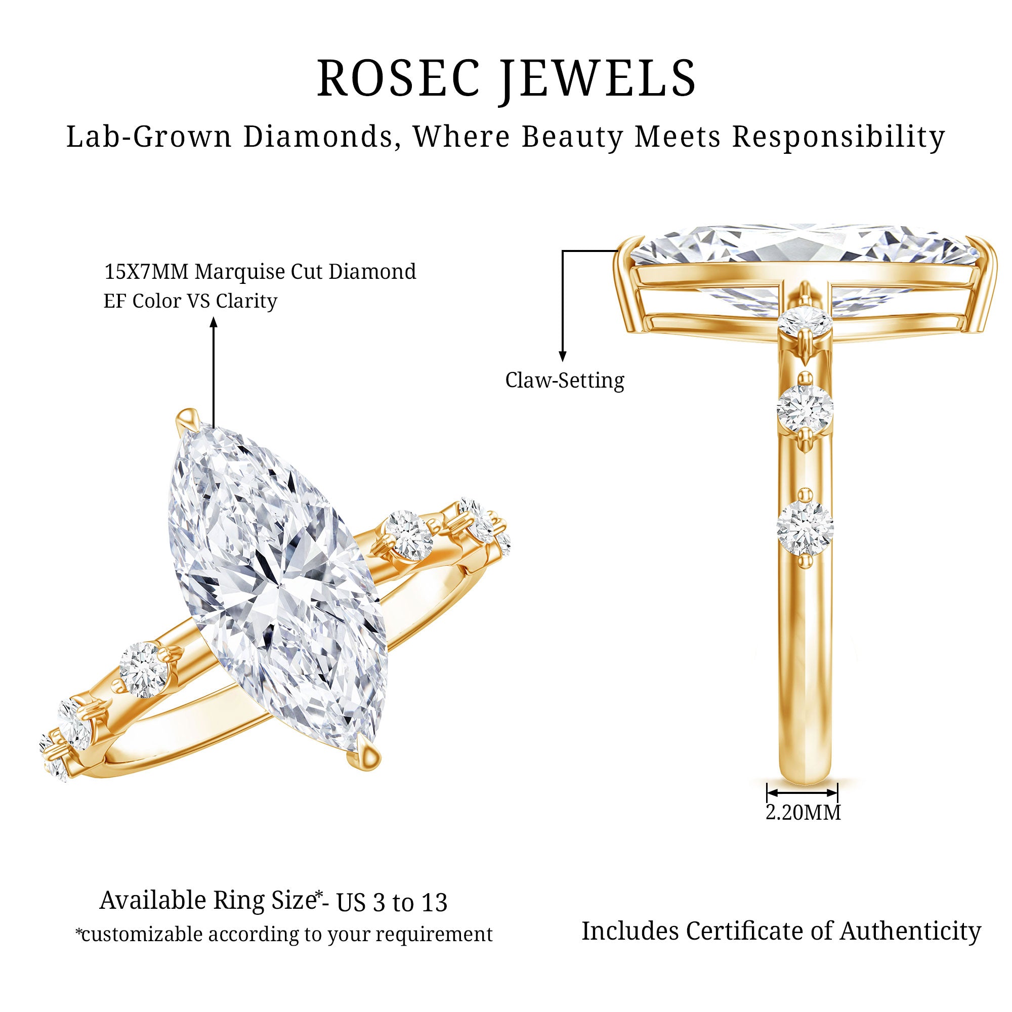 Rosec Jewels-IGI Certified Lab Grown Diamond 3 Carat Marquise Engagement Ring with Spaced Accent