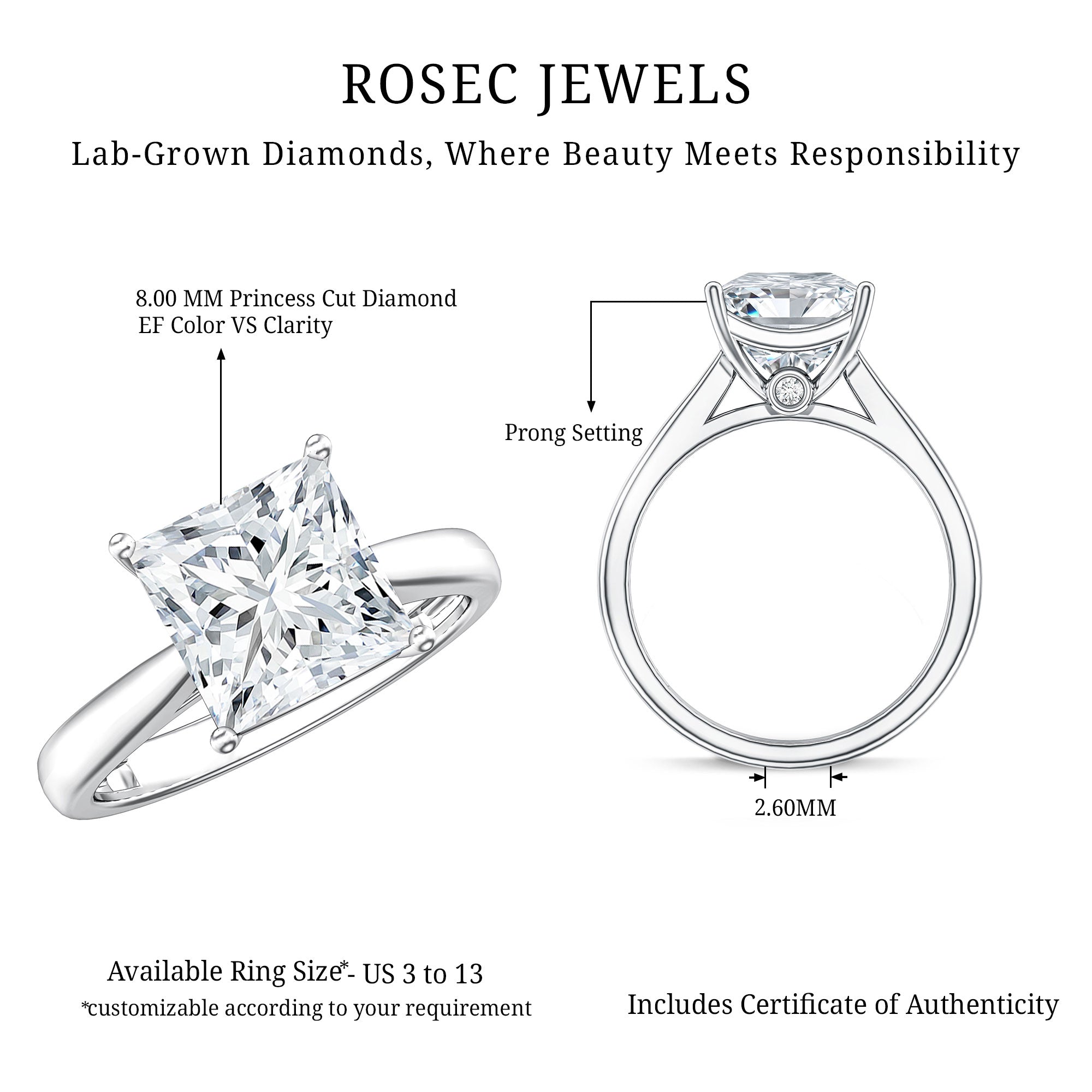 Rosec Jewels-IGI Certified Lab Grown 3 Carat Diamond Princess Cut Engagement Ring Solitaire