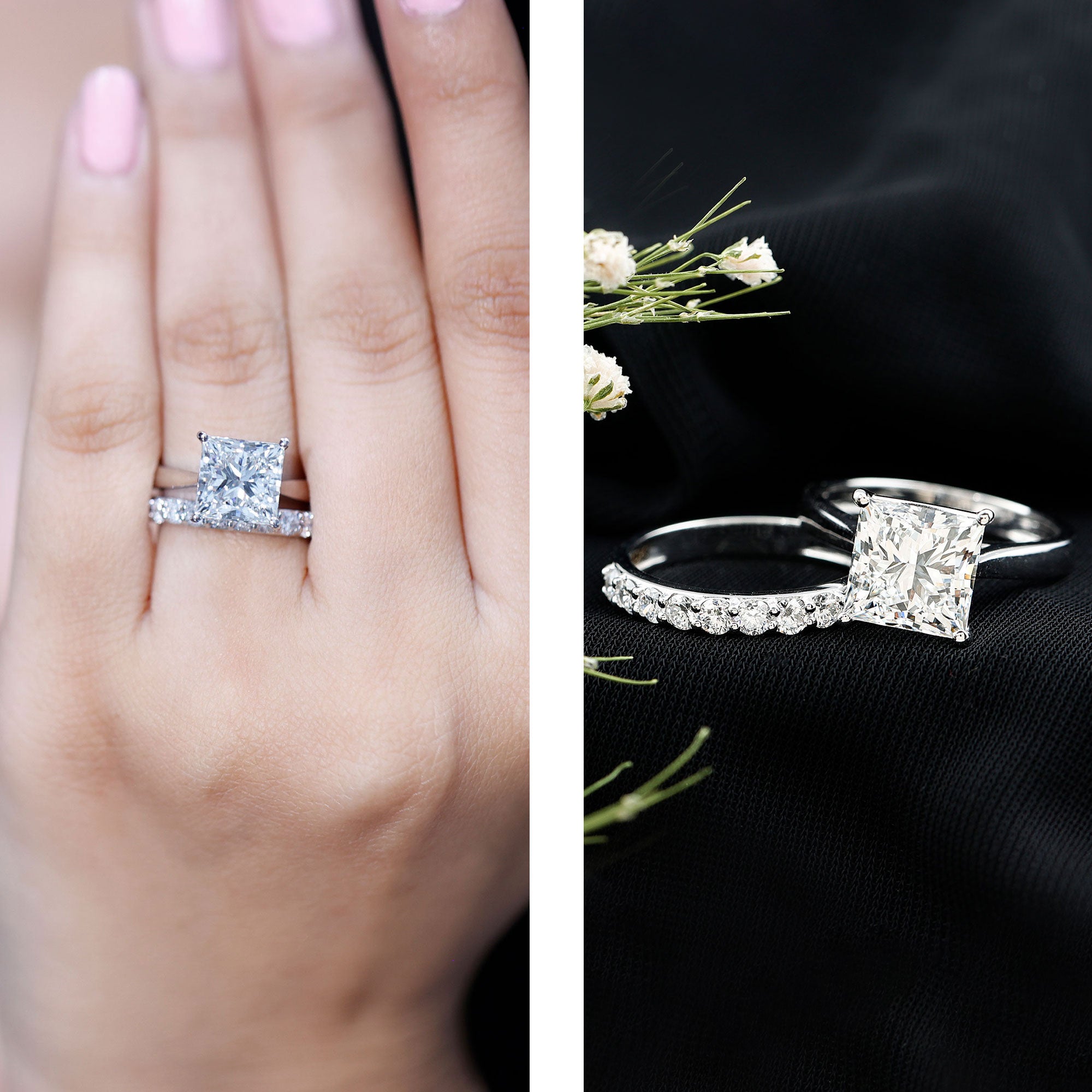 IGI Certified 4 Carat Princess Cut Lab Grown Diamond Solitaire Wedding Ring Set Lab - ( E-VS1 ) - Rosec Jewels