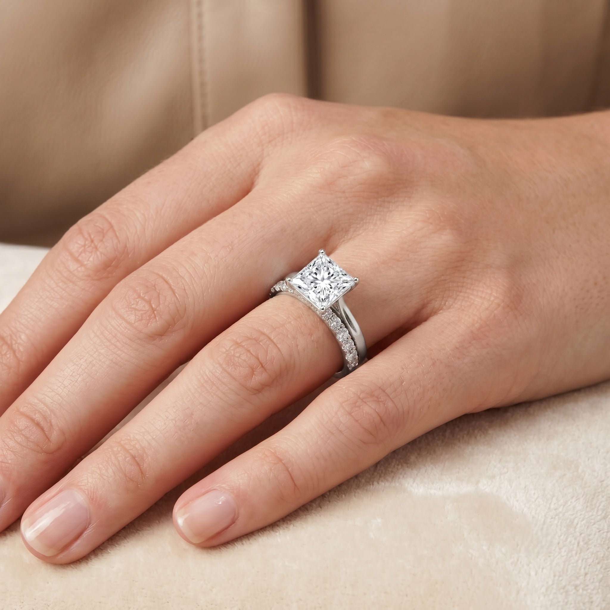IGI Certified 4 Carat Princess Cut Lab Grown Diamond Solitaire Wedding Ring Set Lab - ( E-VS1 ) - Rosec Jewels