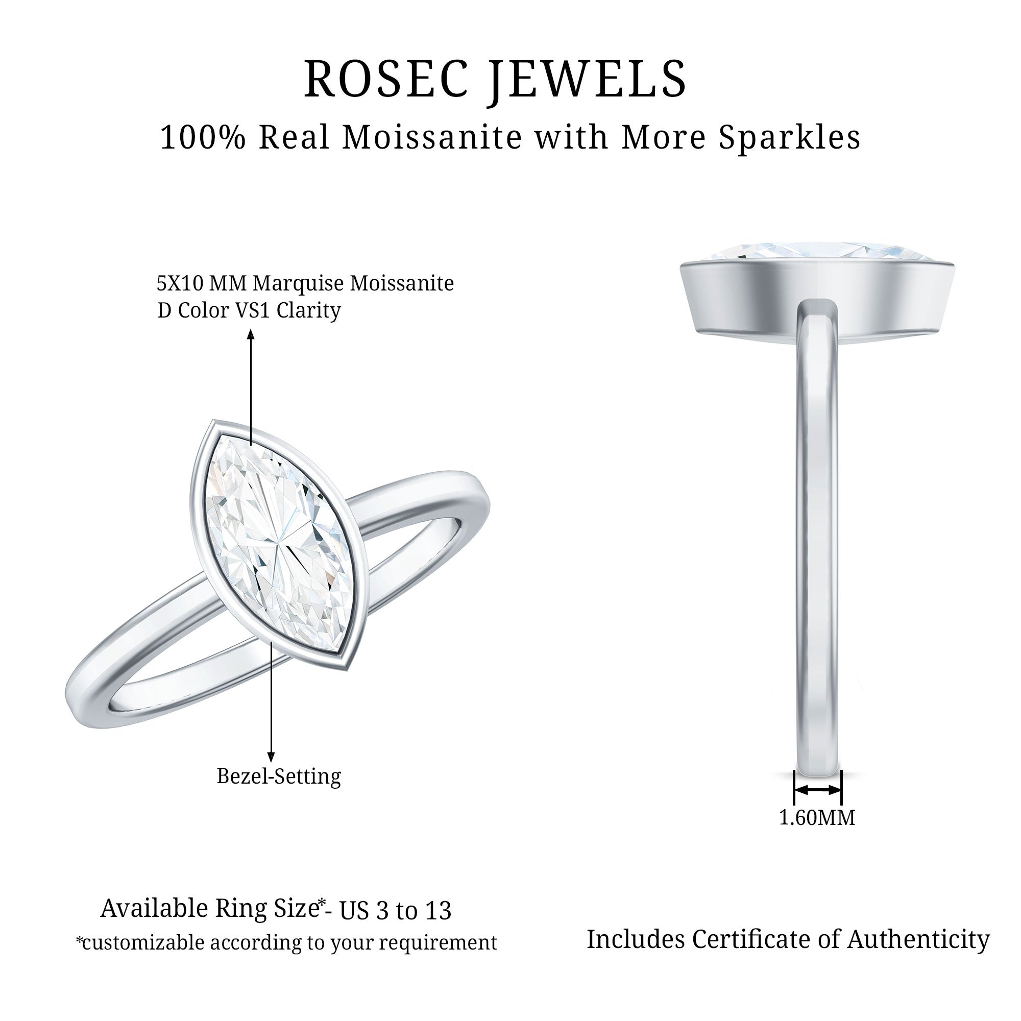 Rosec Jewels-IGI Certified 1 Carat Marquise Lab Grown Diamond Engagement Ring in Bezel Setting