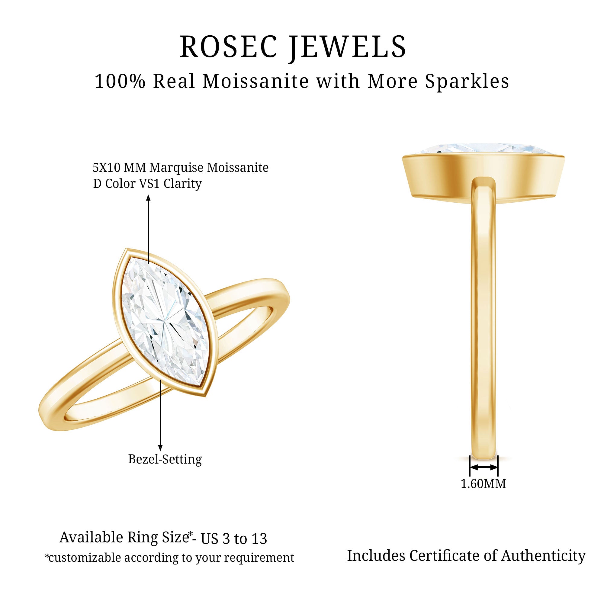 Rosec Jewels-IGI Certified 1 Carat Marquise Lab Grown Diamond Engagement Ring in Bezel Setting