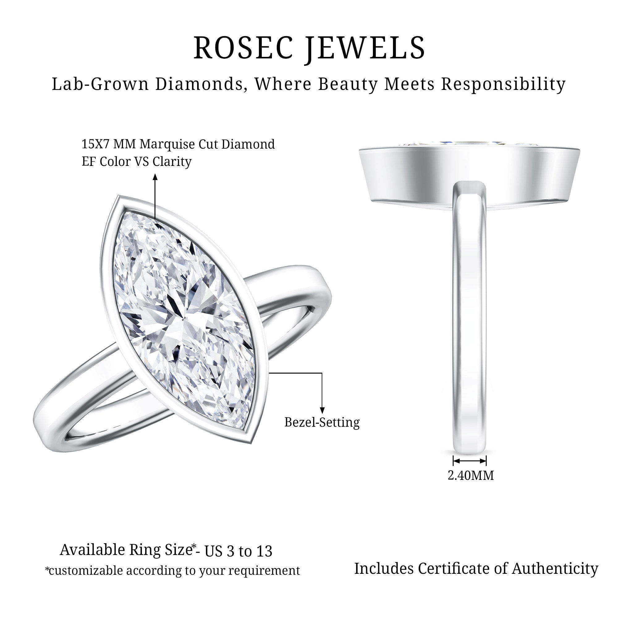 Rosec Jewels-IGI Certified 3 Carat Solitaire Lab Grown Diamond Marquise Cut Engagement Ring