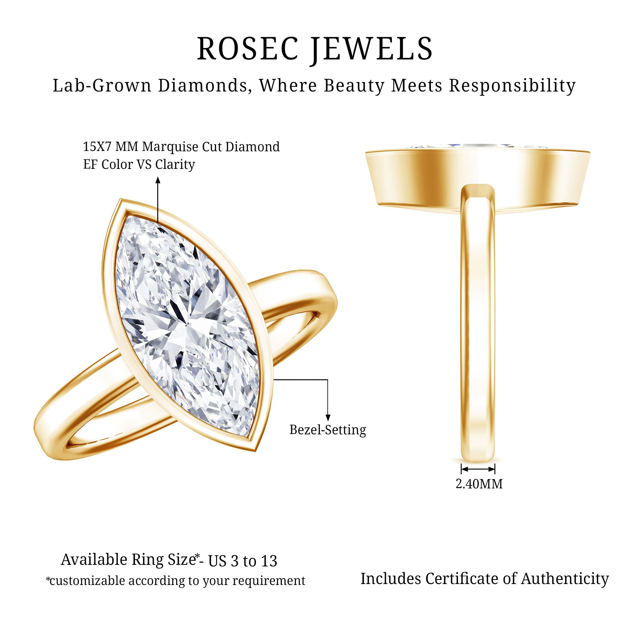 Rosec Jewels-IGI Certified 3 Carat Solitaire Lab Grown Diamond Marquise Cut Engagement Ring