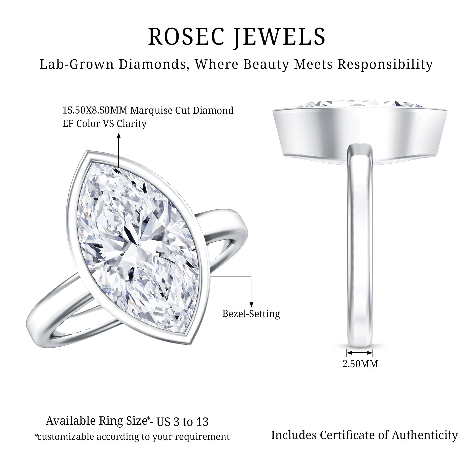 Rosec Jewels-4 Carat Marquise Cut Lab Grown Diamond Bezel Engagement Ring with IGI Certificate