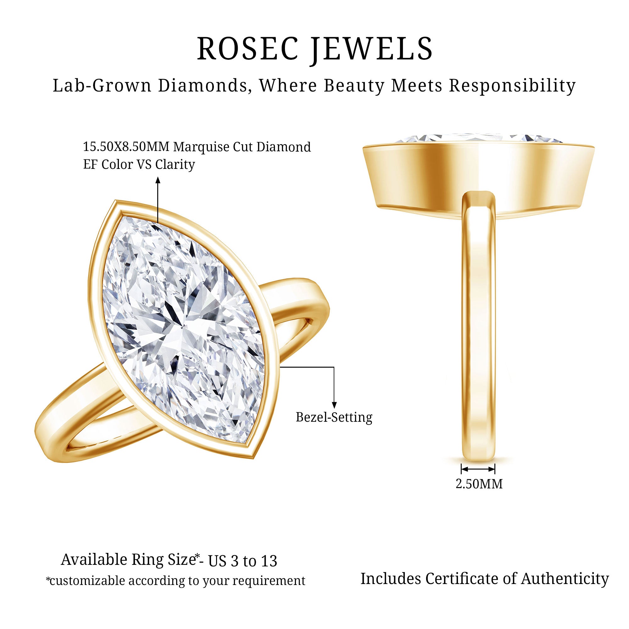 Rosec Jewels-4 Carat Marquise Cut Lab Grown Diamond Bezel Engagement Ring with IGI Certificate