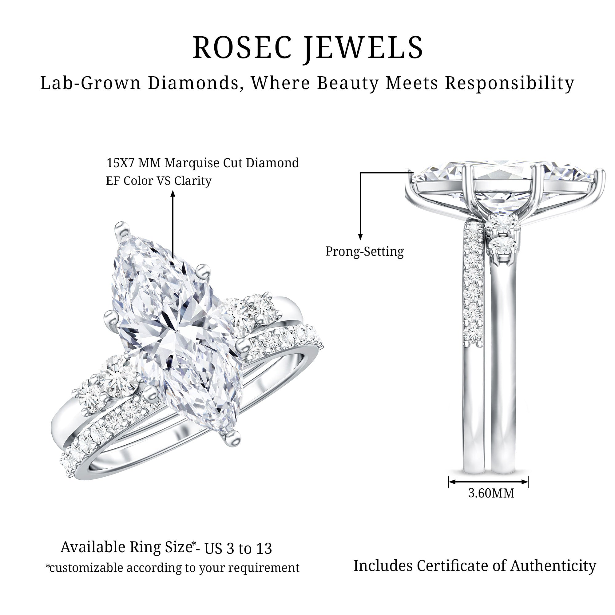 IGI Certified 3 Carat Lab Grown Diamond Marquise Bridal Wedding Ring Set Lab - ( E-VS1 ) - Rosec Jewels