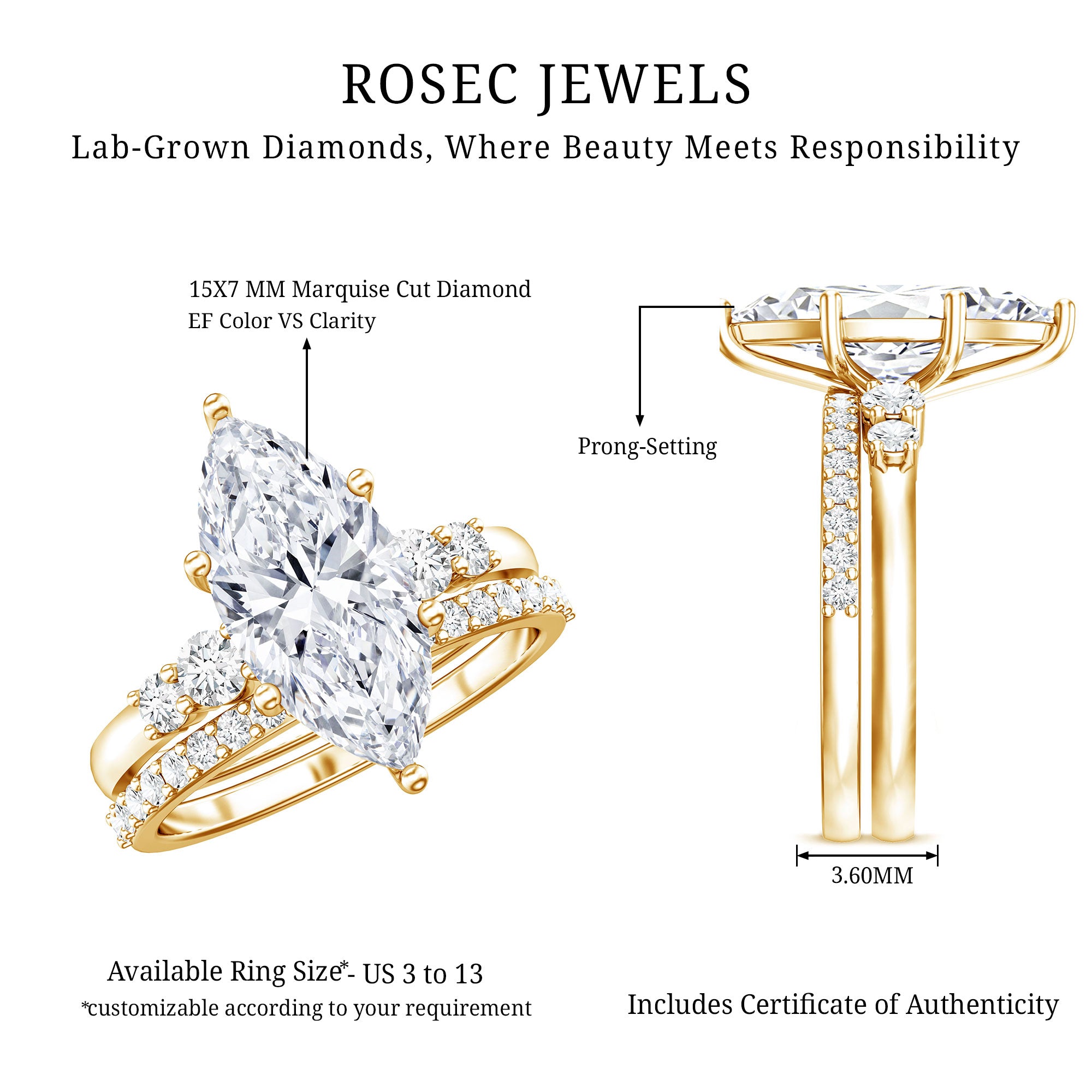 IGI Certified 3 Carat Lab Grown Diamond Marquise Bridal Wedding Ring Set Lab - ( E-VS1 ) - Rosec Jewels