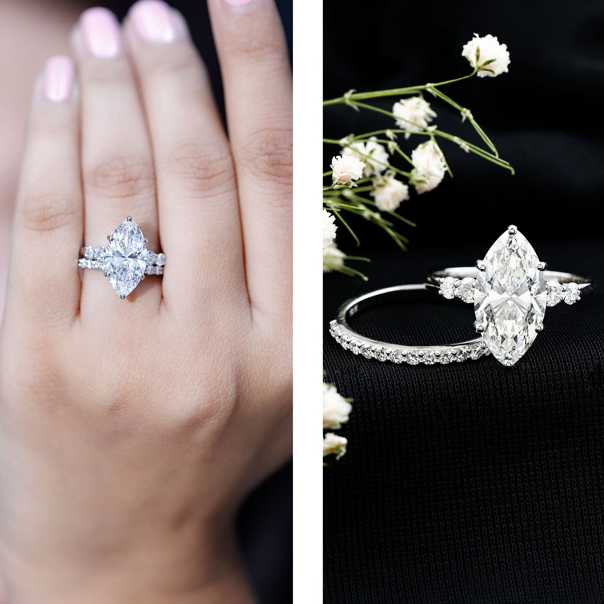 IGI Certified Lab Grown Diamond 4 Carat Marquise Engagement Ring with Wedding Band Lab - ( E-VS1 ) - Rosec Jewels