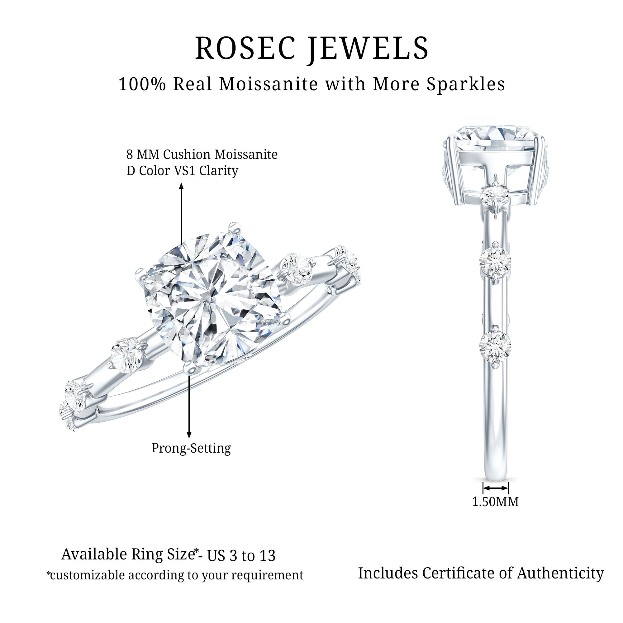 Rosec Jewels-Cushion Cut 2 Carat Lab Grown Diamond Solitaire Engagement Ring with IGI Certificate