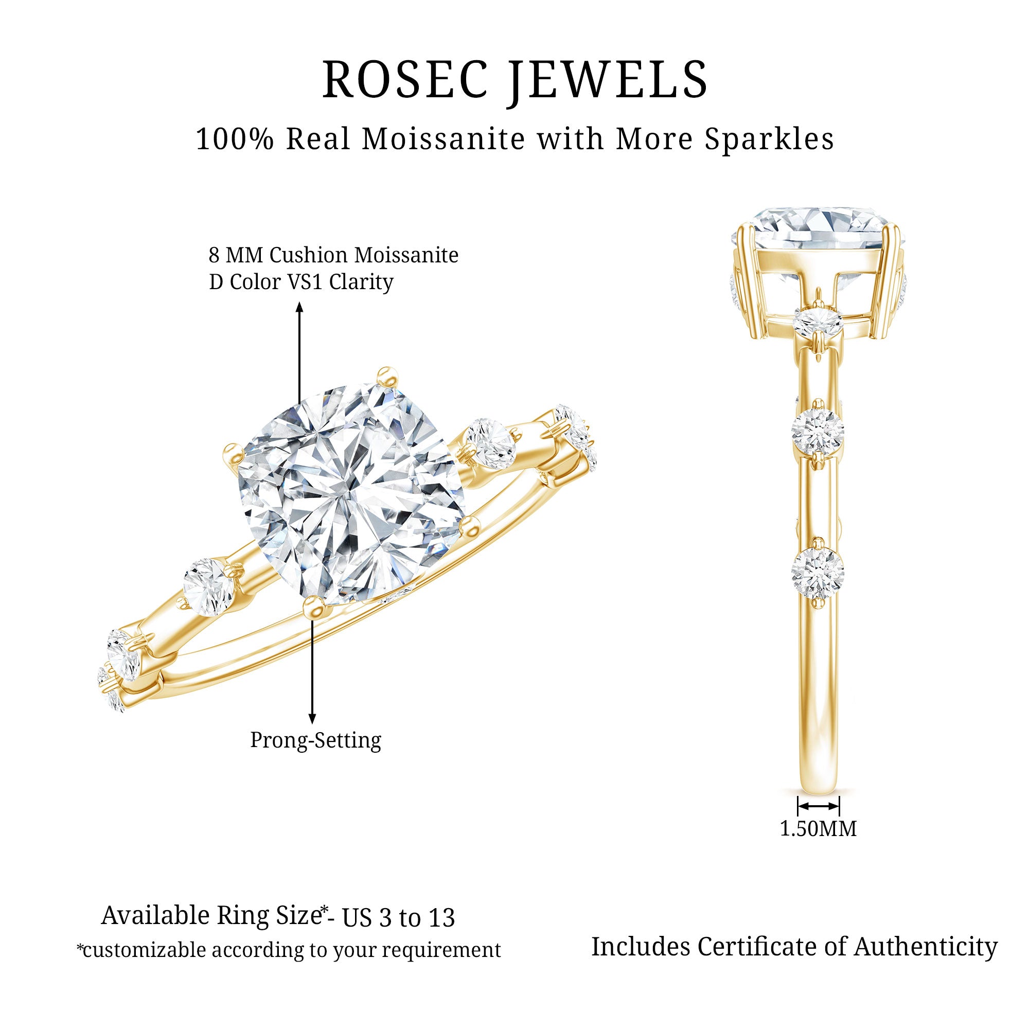 Rosec Jewels-Cushion Cut 2 Carat Lab Grown Diamond Solitaire Engagement Ring with IGI Certificate