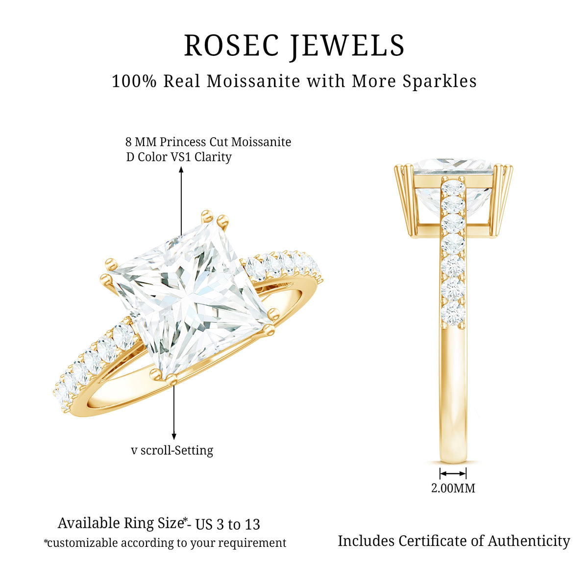 Rosec Jewels-2 Carat Lab Grown Diamond Princess Cut Engagement Ring IGI Certified