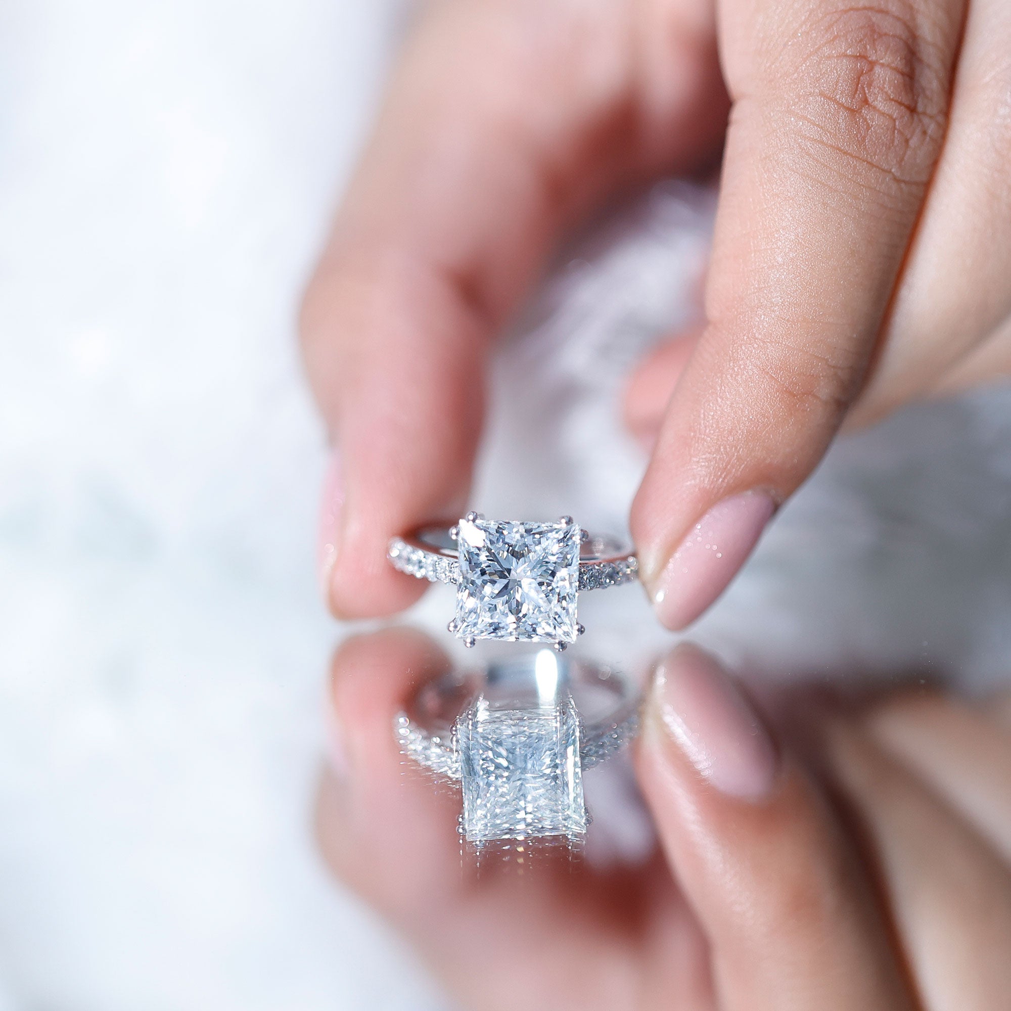 IGI Certified Princess Cut Lab Grown Diamond 5 Carat Engagement Ring with Side Stones Lab - ( E-VS1 ) - Rosec Jewels