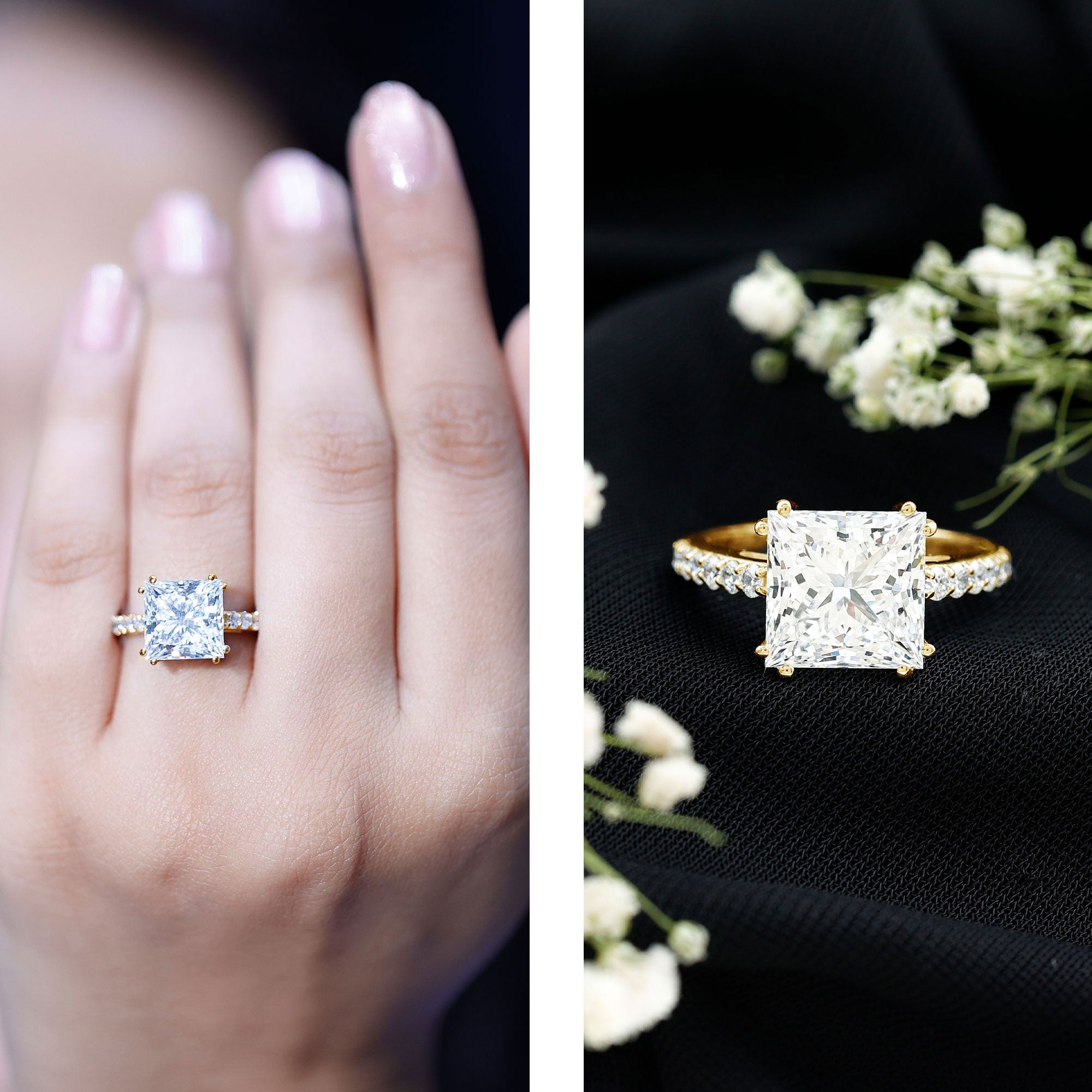 IGI Certified Princess Cut Lab Grown Diamond 5 Carat Engagement Ring with Side Stones Lab - ( E-VS1 ) - Rosec Jewels
