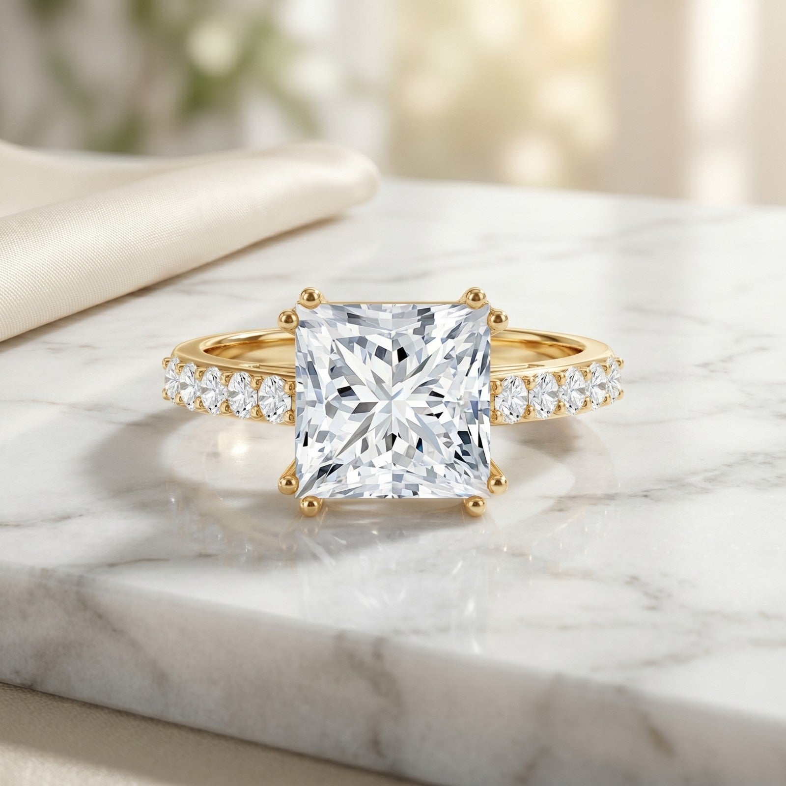 IGI Certified Princess Cut Lab Grown Diamond 5 Carat Engagement Ring with Side Stones Lab - ( E-VS1 ) - Rosec Jewels