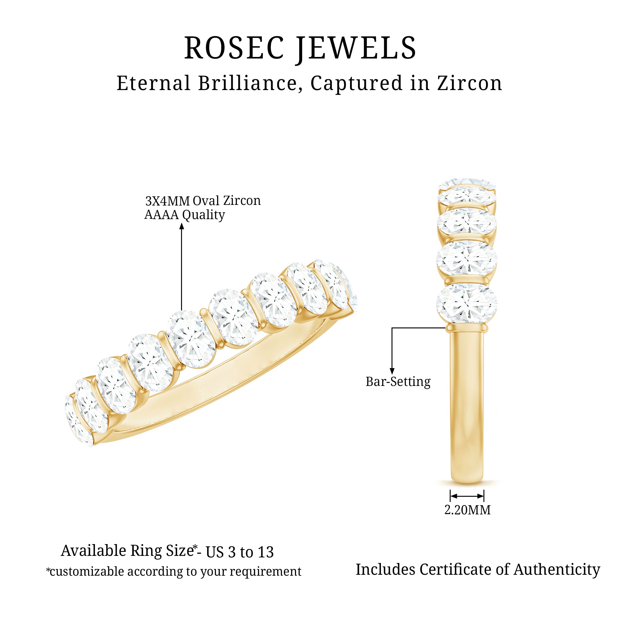 Rosec Jewels-Oval Shaped Cubic Zirconia Half Eternity Band Ring with Certificate