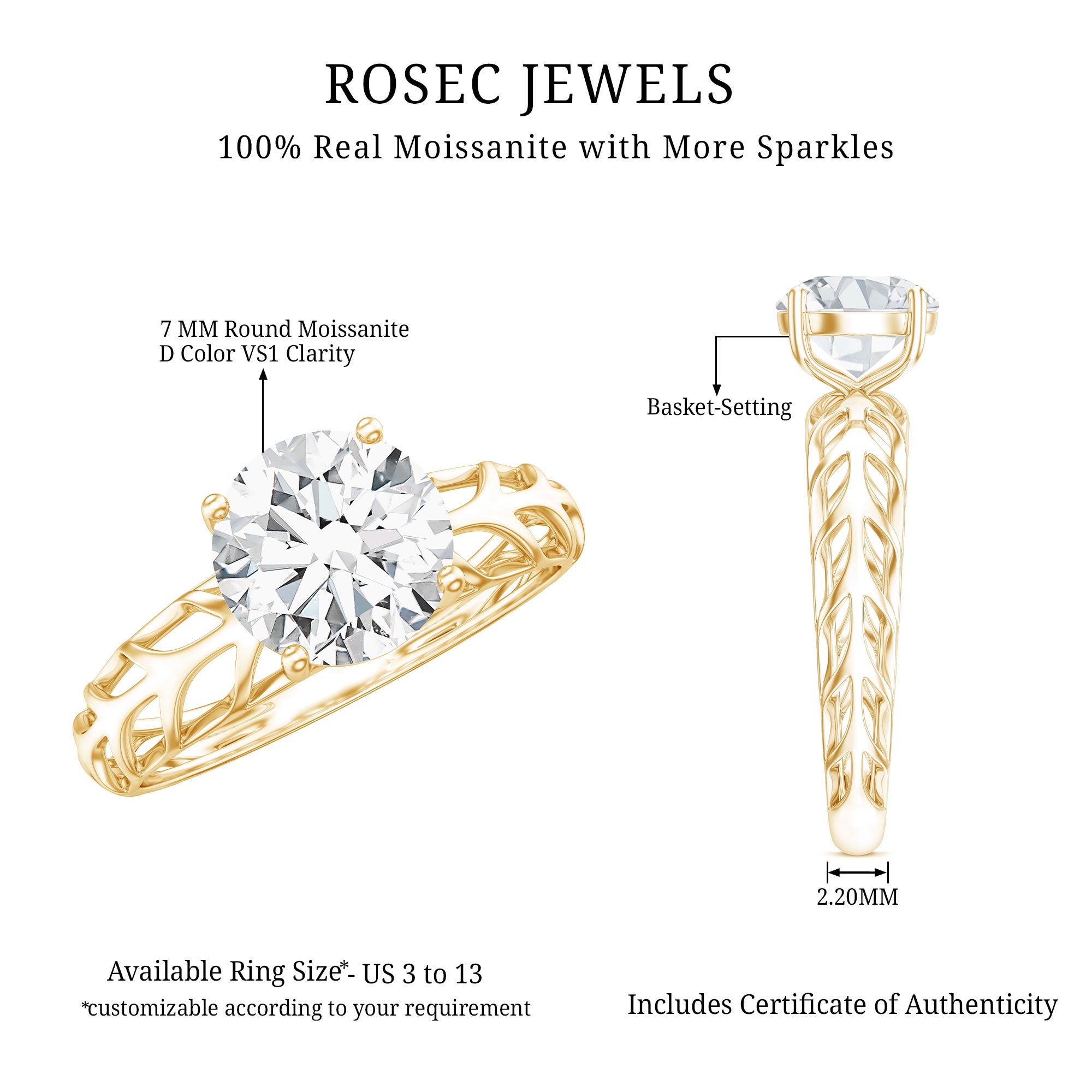 7 MM Solitaire Moissanite Engagement Ring with Filigree Band D-VS1 - Rosec Jewels