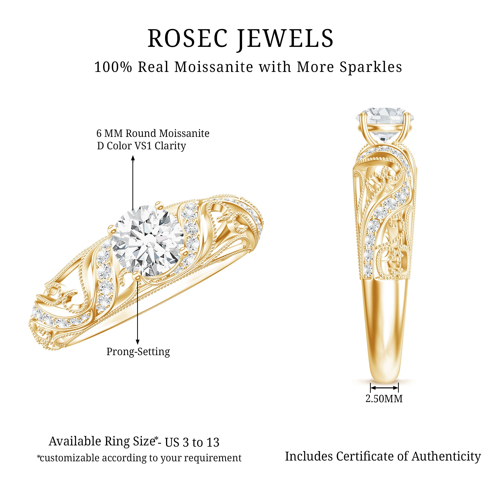 Rosec Jewels-Vintage Inspired 0.98 Carat Moissanite Engagement Ring for Women