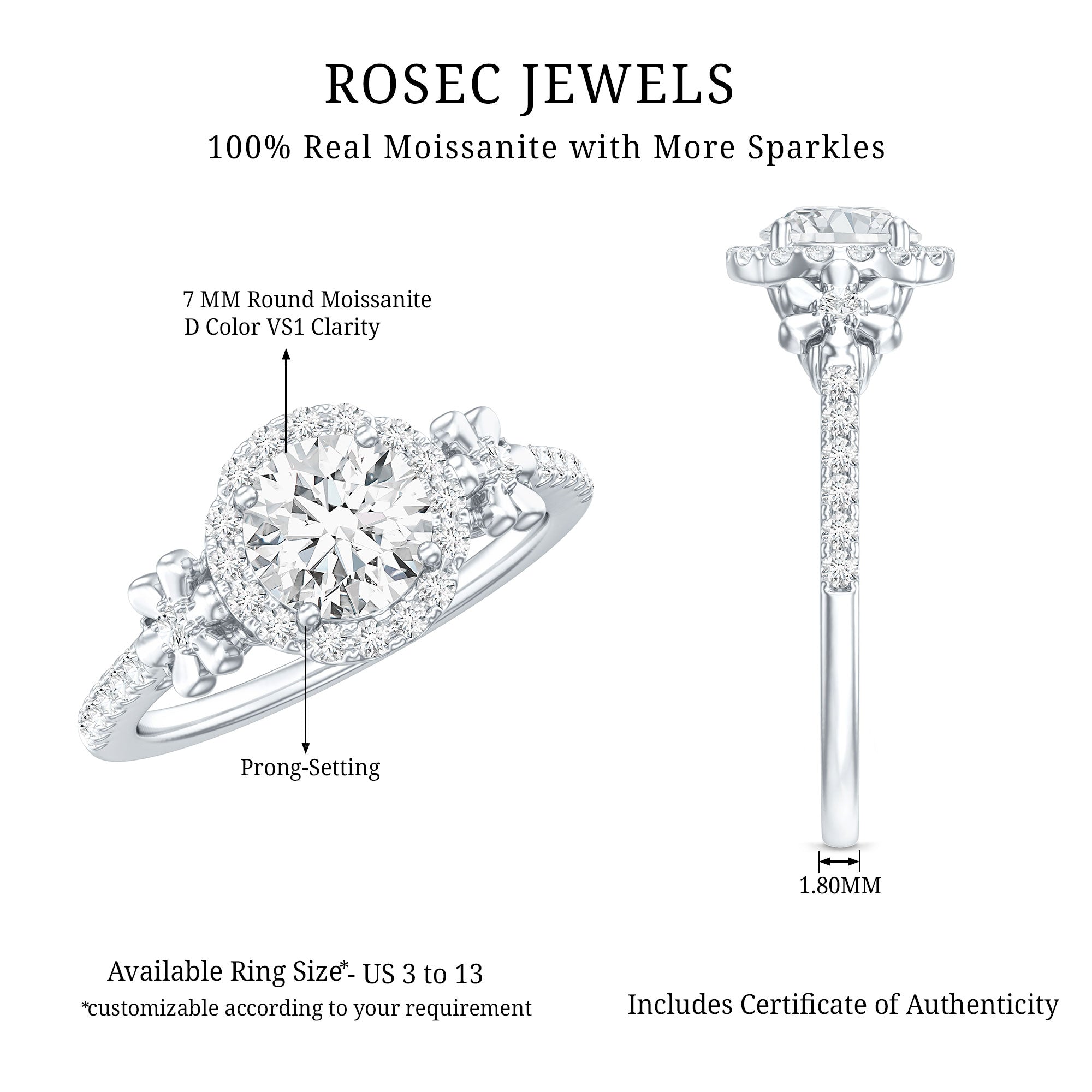 Certified 1 Carat Moissanite Floral Engagement Ring for Women D-VS1 - Rosec Jewels