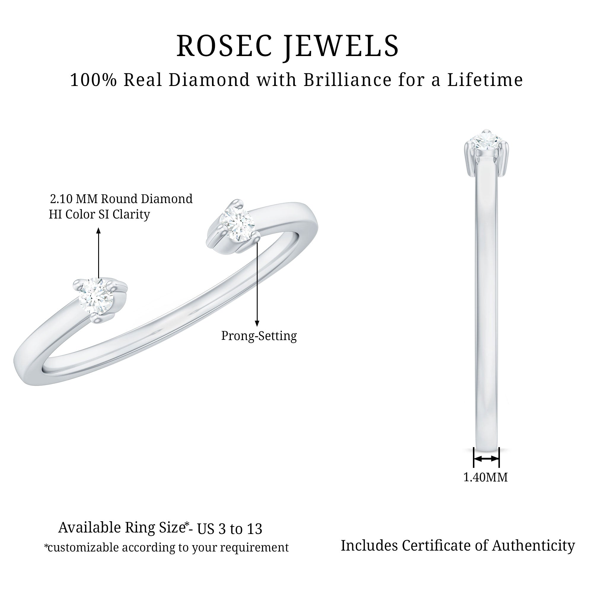 Dainty Diamond Two Stone Open Cuff Ring for Women Natural - ( HI-SI ) - Rosec Jewels