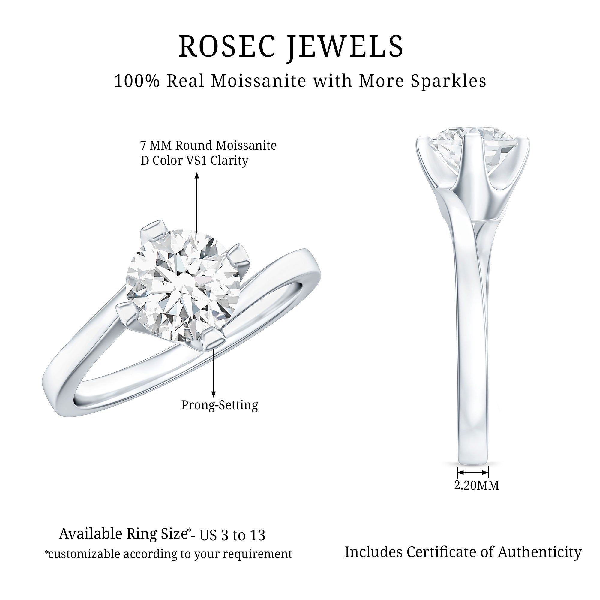 Certified Moissanite Solitaire Engagement Ring in Bypass Shank D-VS1 - Rosec Jewels
