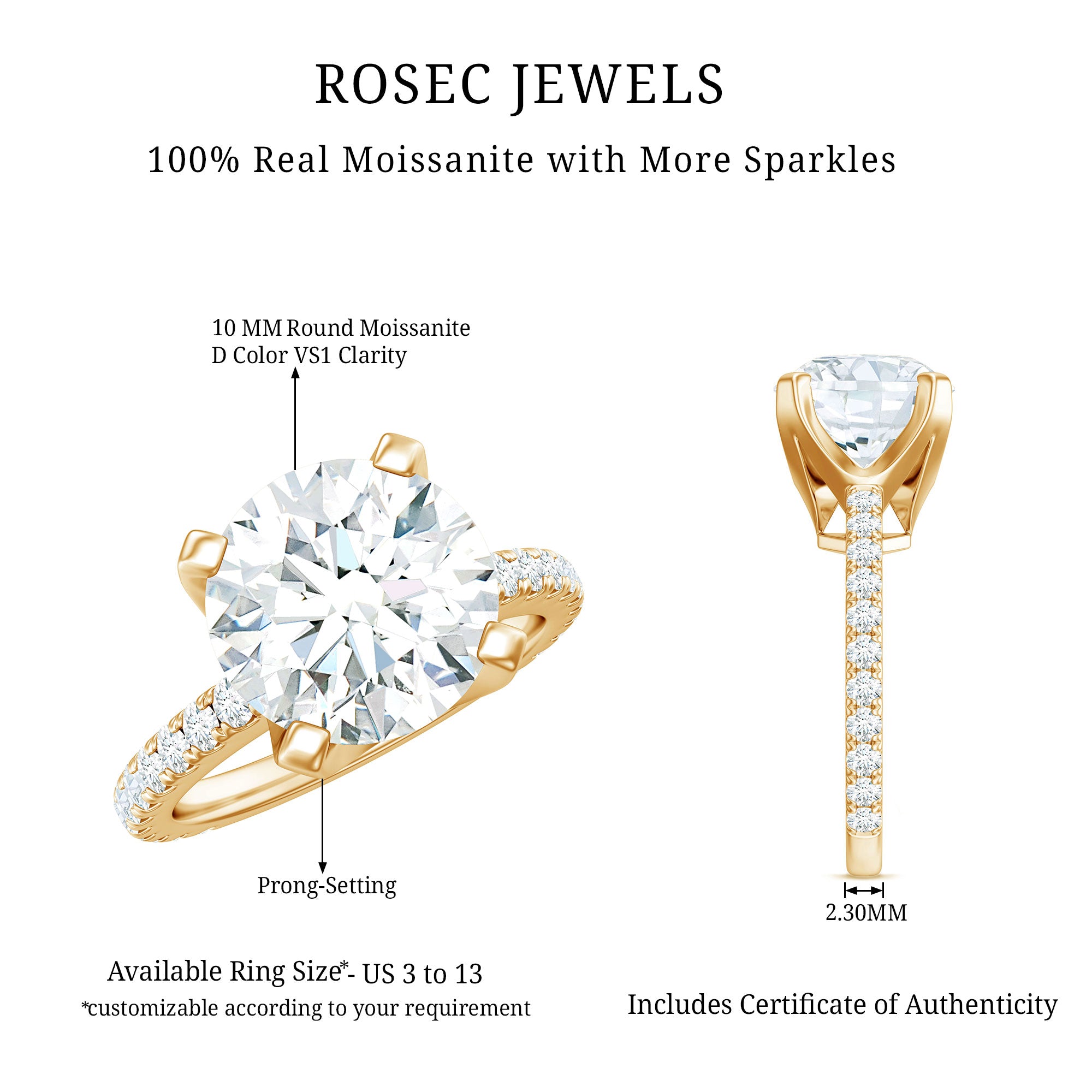 Round 10 MM Moissanite Solitaire Engagement Ring with Side Stones D-VS1 - Rosec Jewels