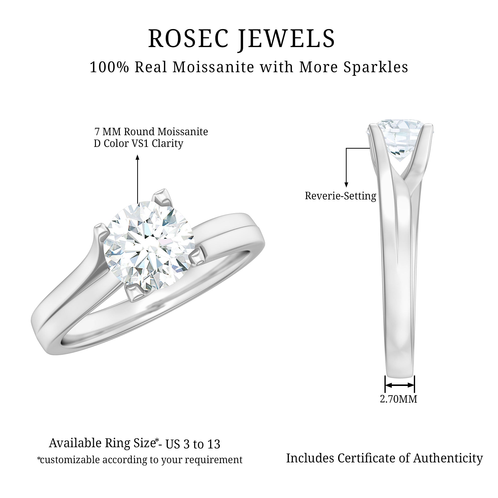 7 MM Round Moissanite Solitaire Engagement Ring in Reverie Setting D-VS1 - Rosec Jewels