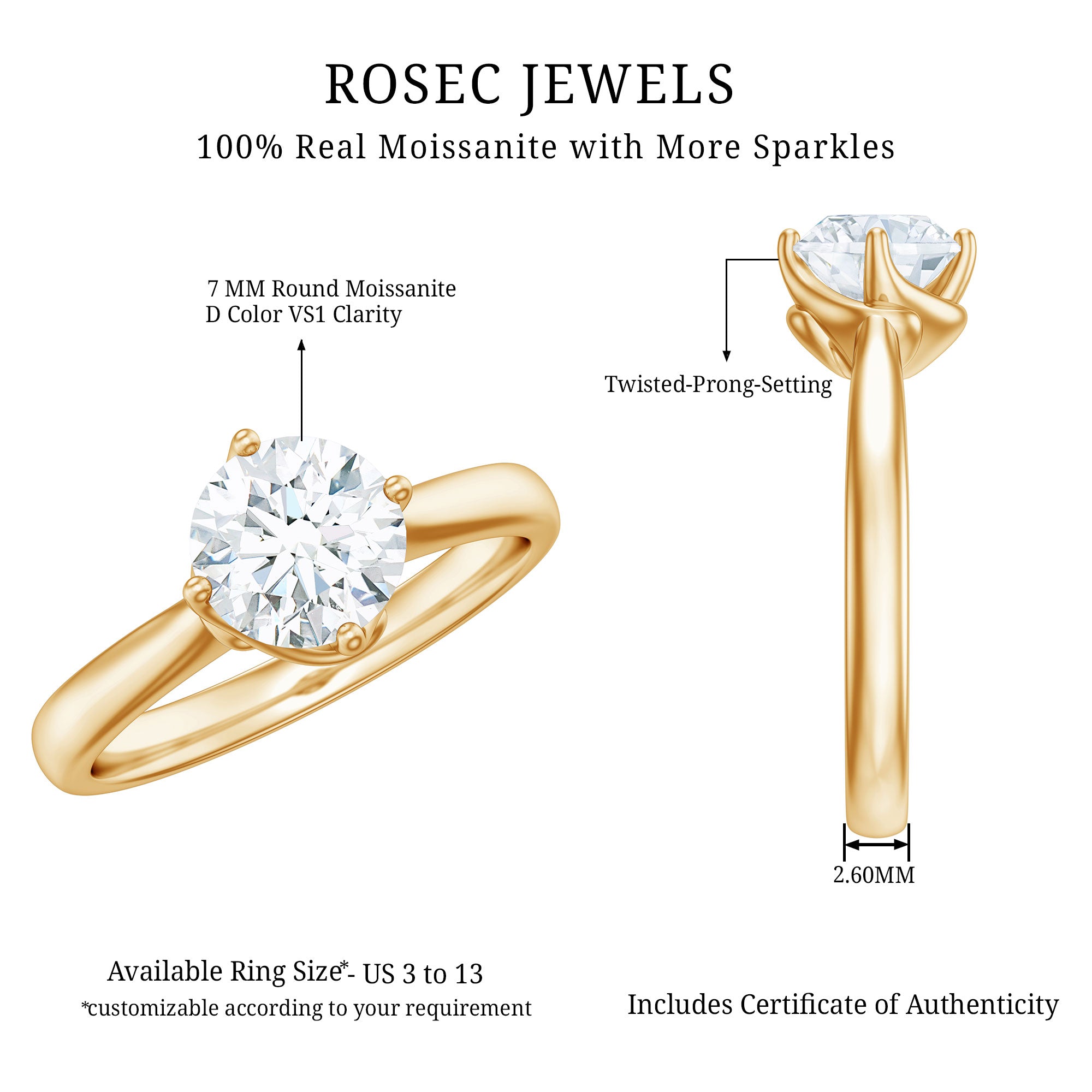 Twisted Prong Set Solitaire Moissanite Engagement Ring with Certificate D-VS1 - Rosec Jewels