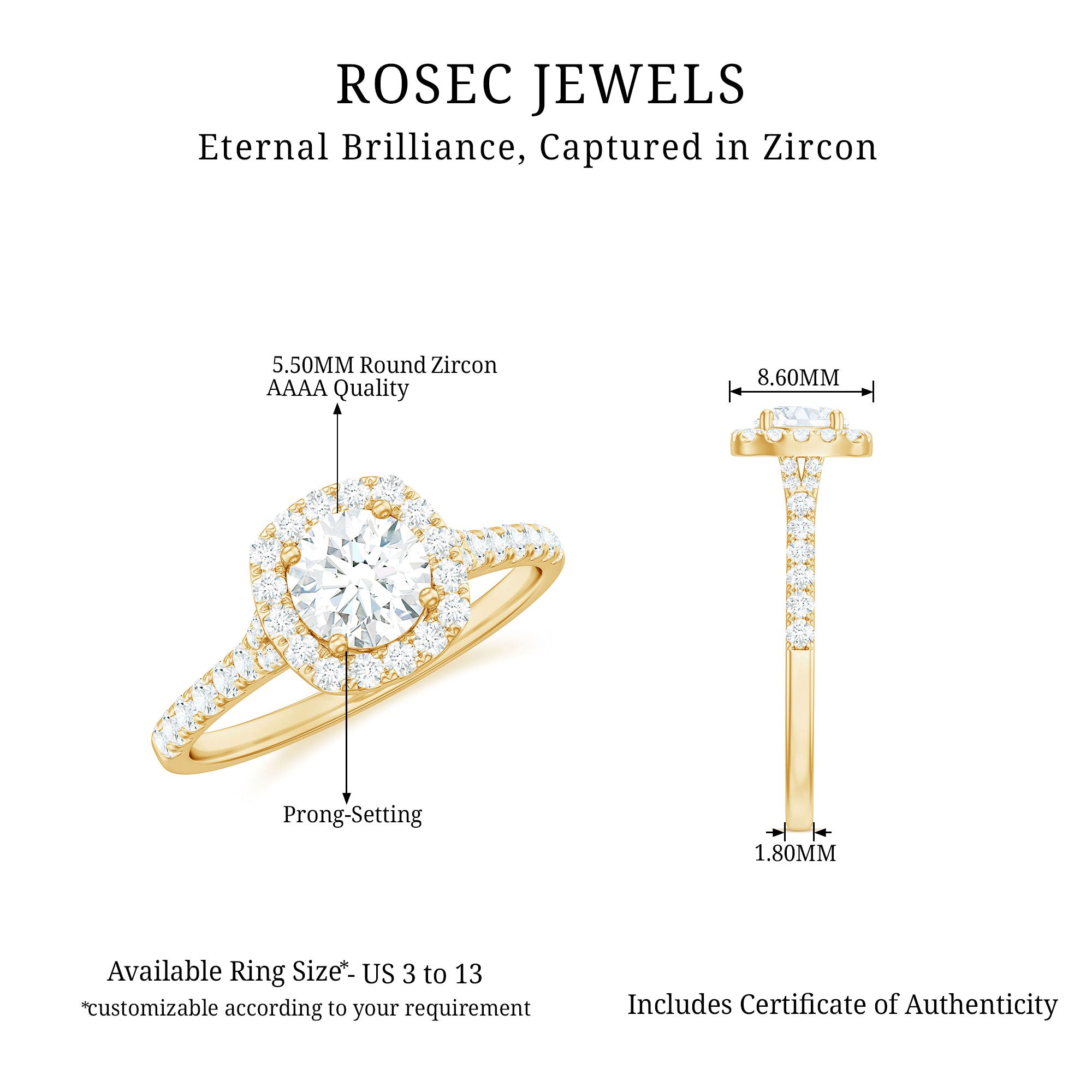 Cubic Zirconia Halo Engagement Ring with Certificate AAAA - Rosec Jewels