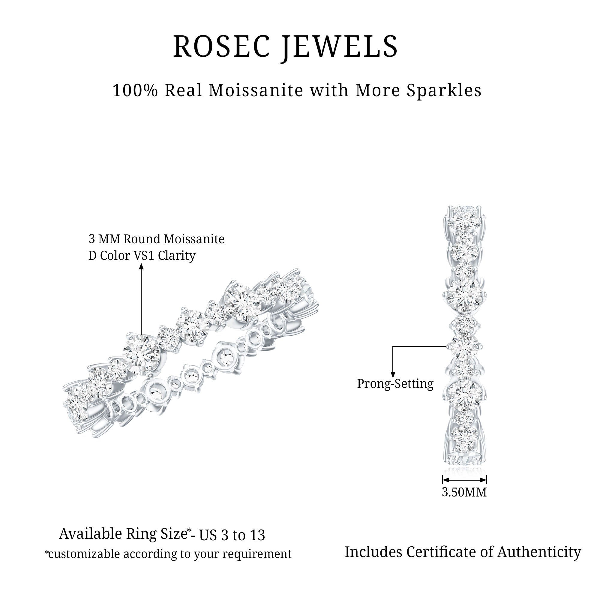 Round Certified Moissanite Stackable Eternity Ring For Women D-VS1 - Rosec Jewels
