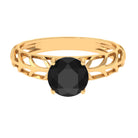 7 MM Certified Round Created Black Diamond Solitaire Gold Cutwork Ring Lab Created Black Diamond - ( AAAA ) - Quality - Rosec Jewels