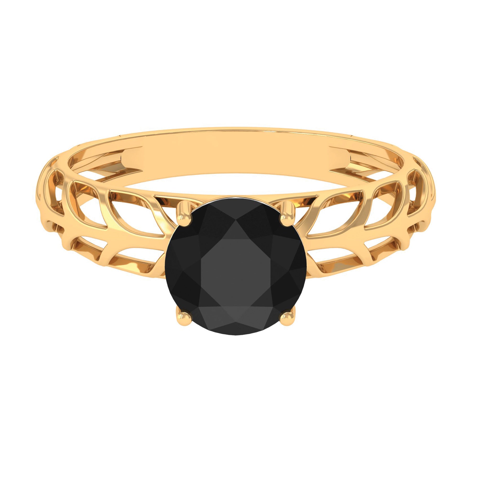 7 MM Certified Round Created Black Diamond Solitaire Gold Cutwork Ring Lab Created Black Diamond - ( AAAA ) - Quality - Rosec Jewels