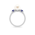 Rosec Jewels-White Pearl and Sapphire 3 Stone Engagement Ring with Diamond