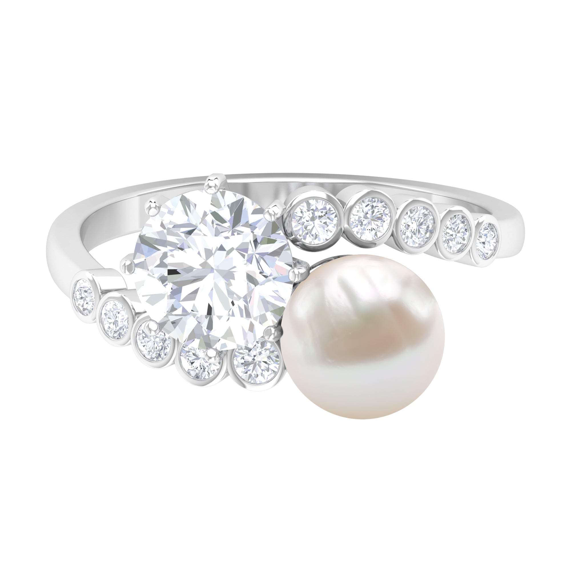 Freshwater Pearl and Moissanite Two Stone Anniversary Ring Freshwater Pearl - ( AAA ) - Quality - Rosec Jewels