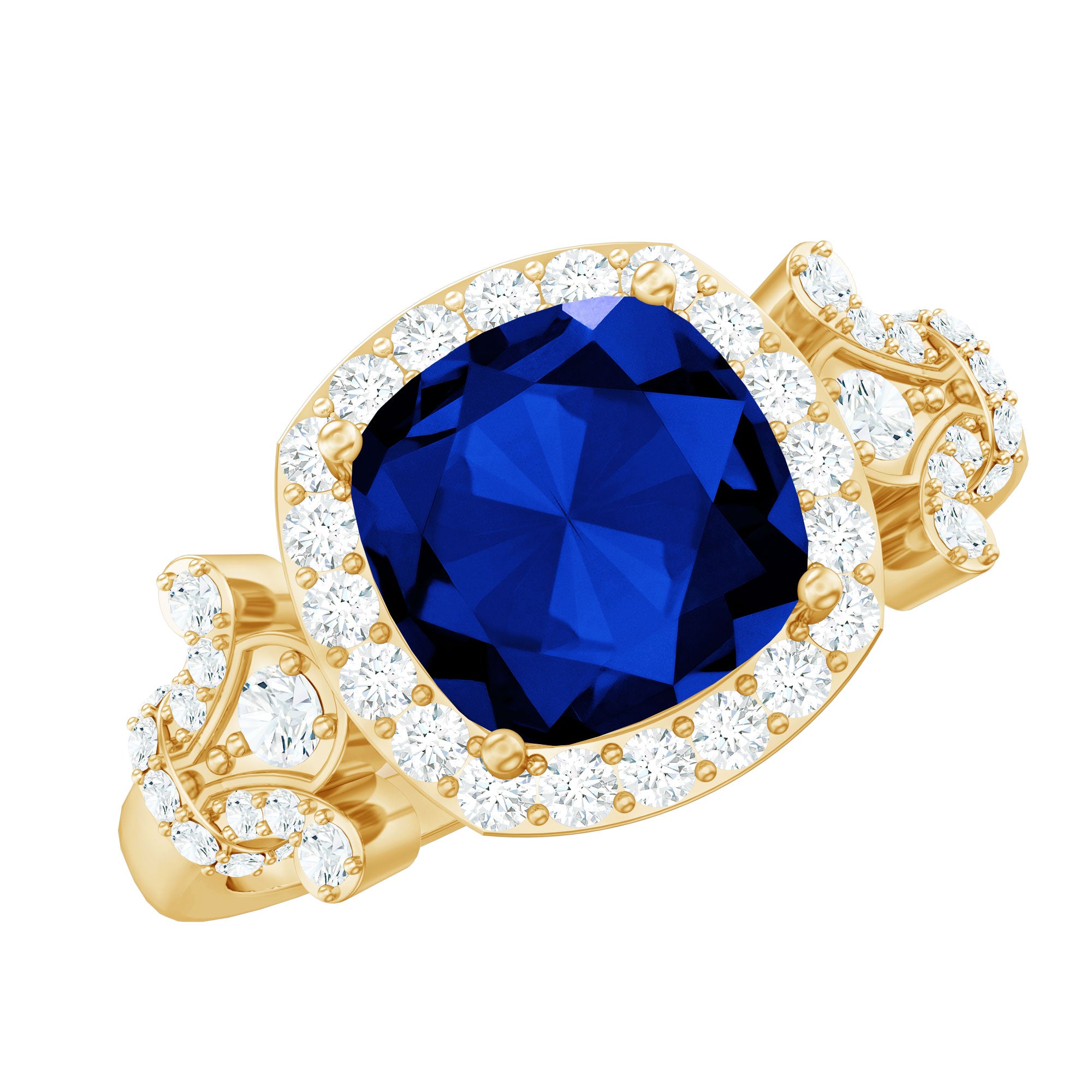 Rosec Jewels-3.5 CT Cushion Cut Created Blue Sapphire Engagement Ring with Diamond Accent
