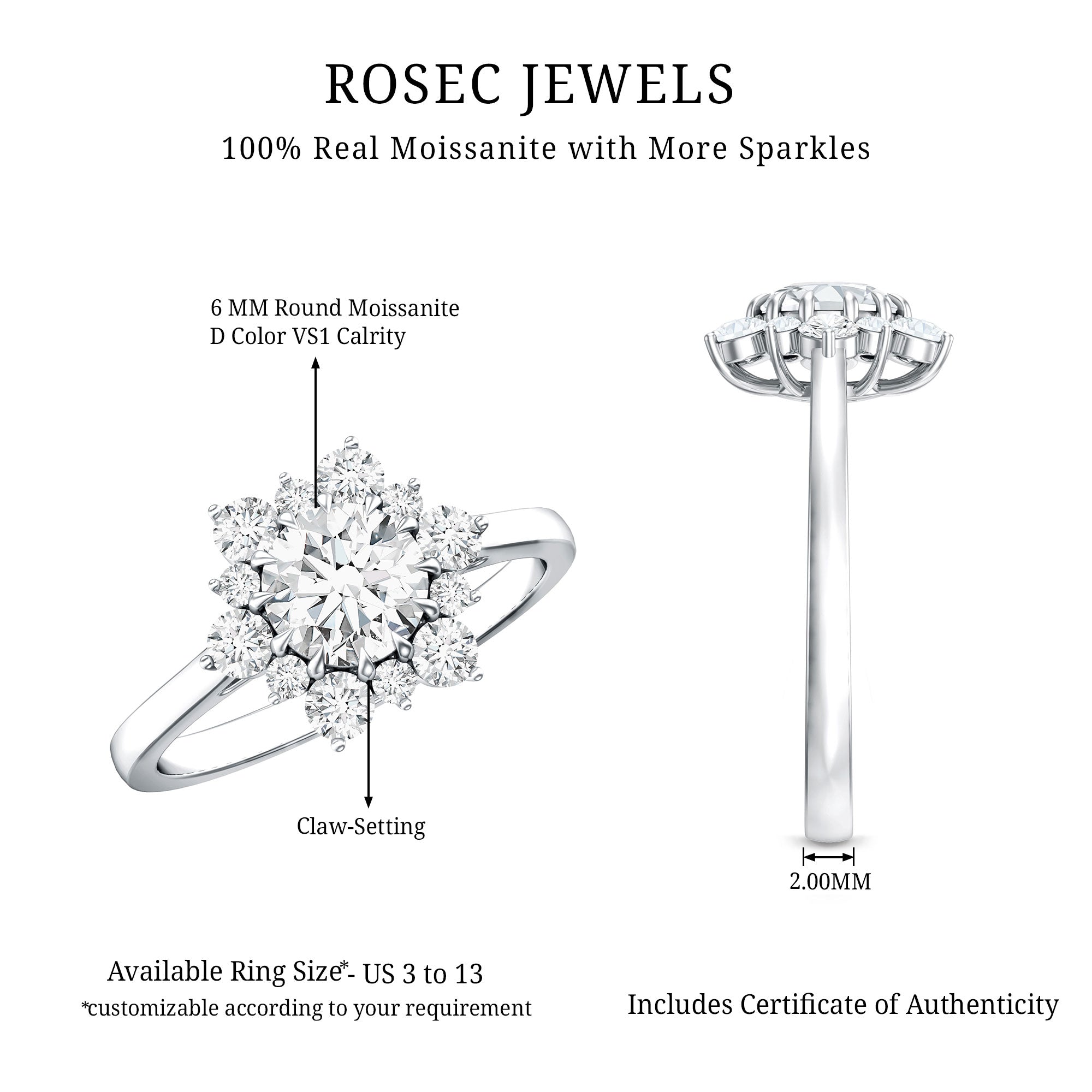 Claw Set Moissanite Halo Engagement Ring with Certificate D-VS1 - Rosec Jewels
