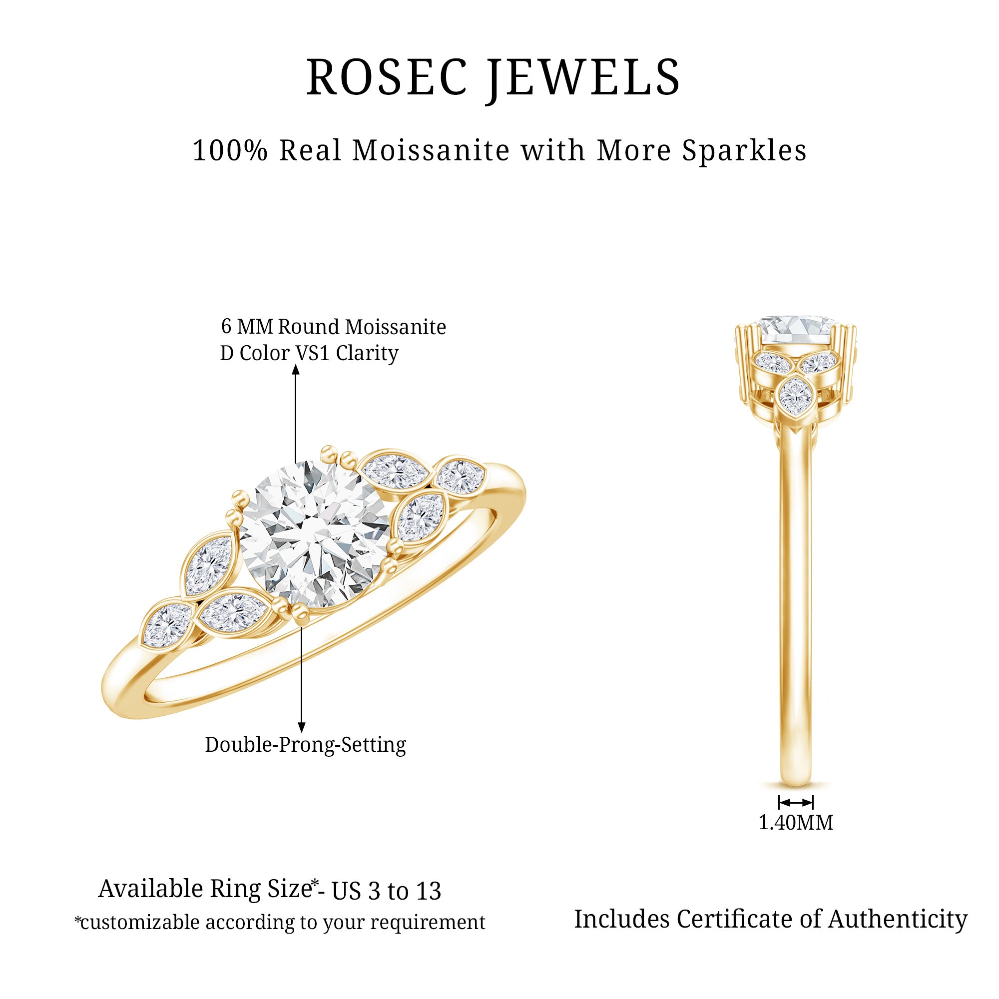 Certified Moissanite Solitaire Engagement Ring with Trio D-VS1 - Rosec Jewels