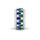 Lab Grown Emerald and Blue Sapphire Wide Wedding Band with Moissanite Lab Created Blue Sapphire - ( AAAA ) - Quality - Rosec Jewels