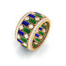 Lab Grown Emerald and Blue Sapphire Wide Wedding Band with Moissanite Lab Created Blue Sapphire - ( AAAA ) - Quality - Rosec Jewels