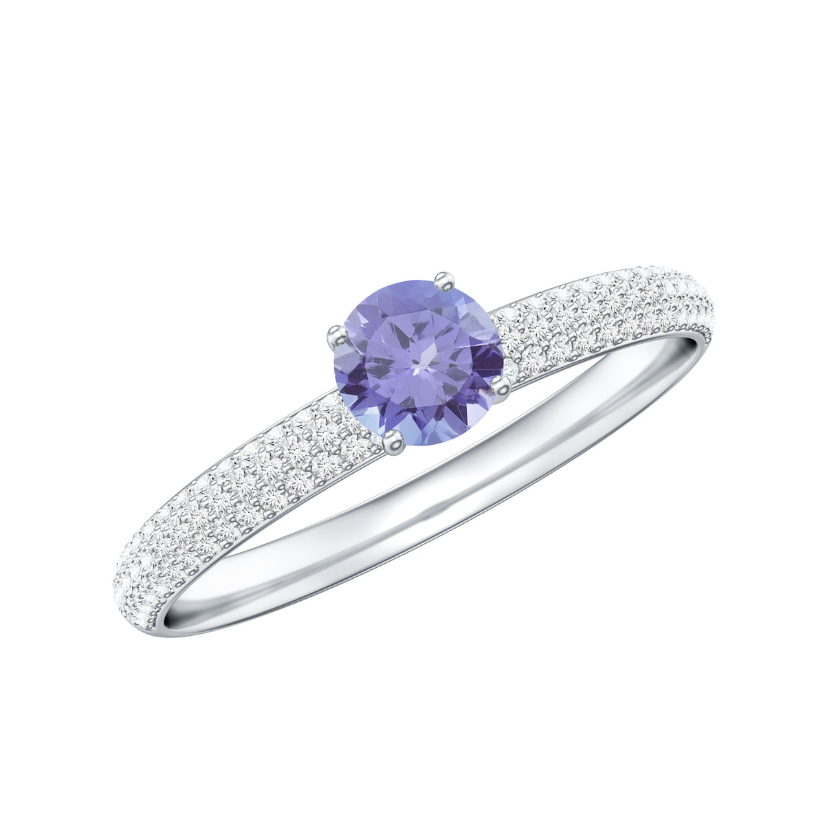 Natural Tanzanite Engagement Ring with Pave Diamond Side Stones AAA - Rosec Jewels