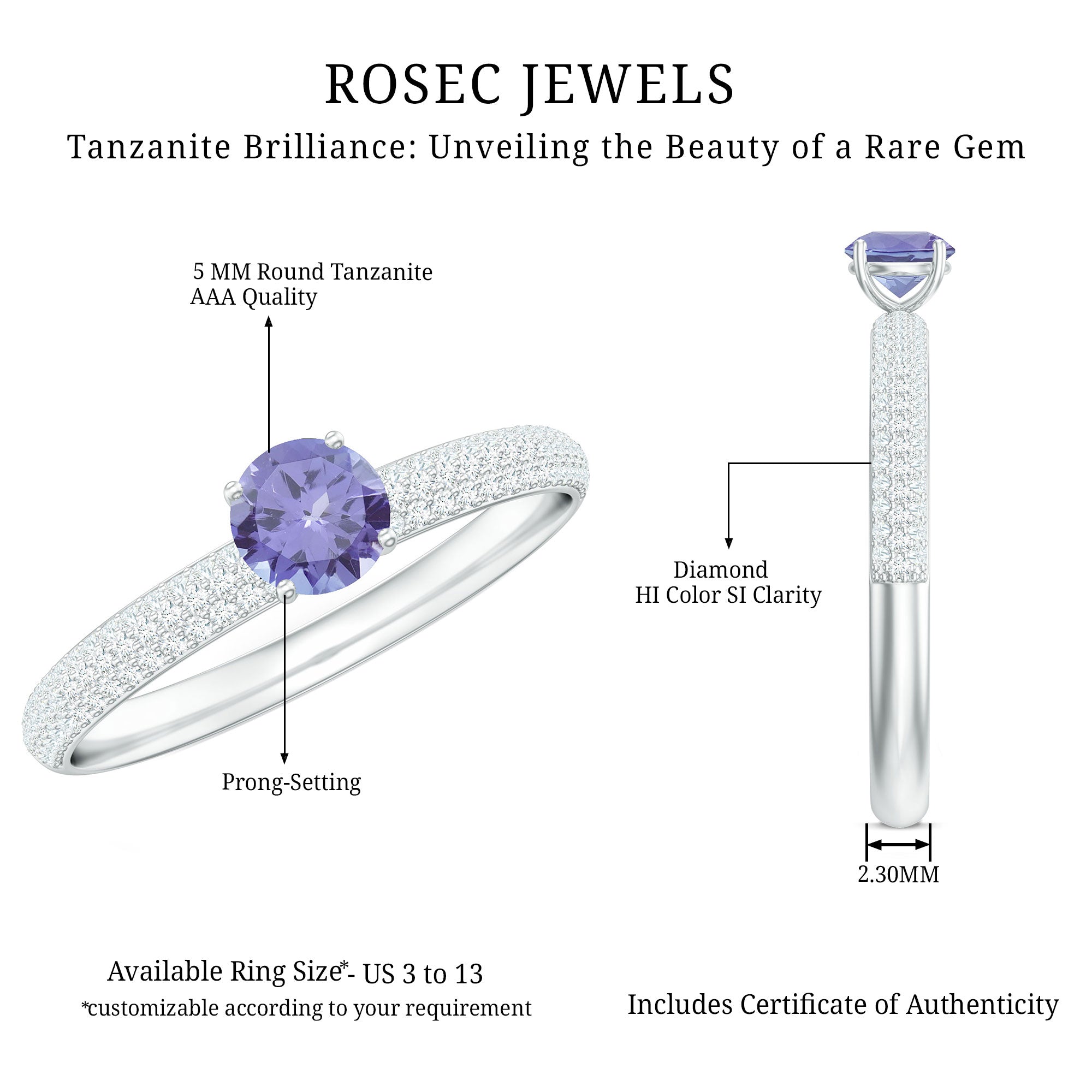 Rosec Jewels-Natural Tanzanite Engagement Ring with Pave Diamond Side Stones